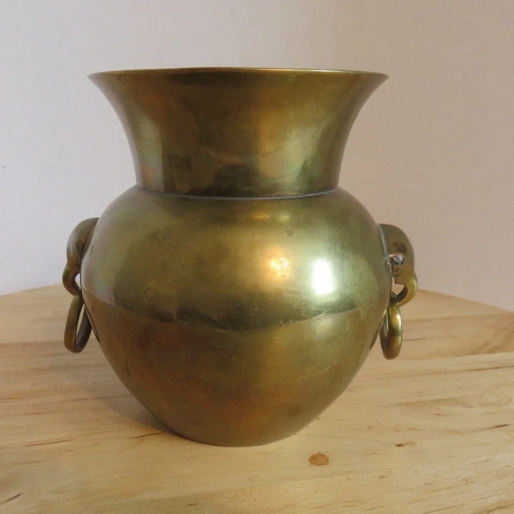 Vintage Solid Brass Vase Planter Elephant‎ Head Ring Handles Aged Patina 4.75in